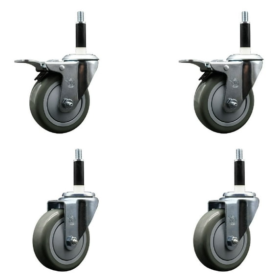 4 Inch Gray Poly Swivel 7/8 Inch Expanding Stem Caster Set 2 Total Lock Brakes