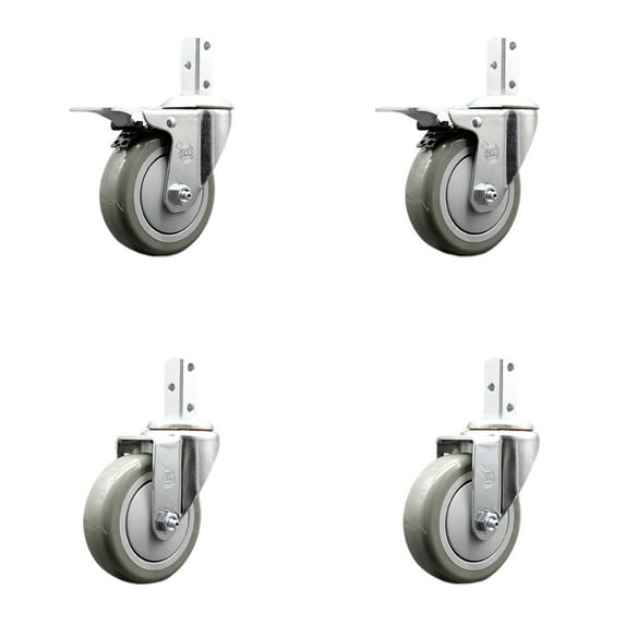 4 Inch Gray Poly Swivel 7/8 Inch Square Stem Caster Set 2 Total Lock Brakes SCC