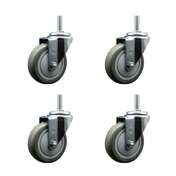 4 Inch Gray Poly Wheel Swivel 5/8 Inch Threaded Stem Caster Set Service Caster
