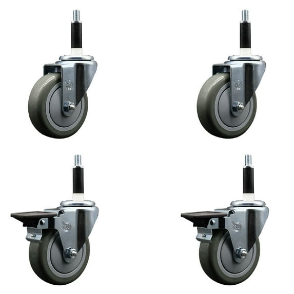 4 Inch Gray Poly Wheel Swivel 7/8 Inch Expanding Stem Caster Set 2 Brakes SCC