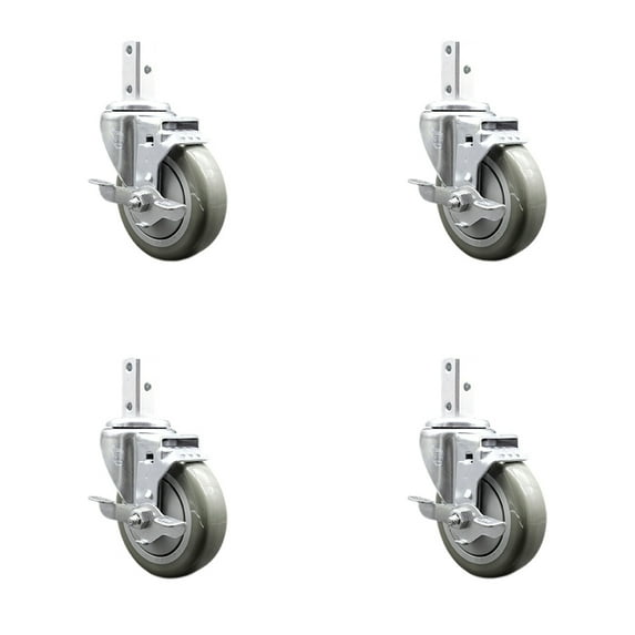 4 Inch Gray Poly Wheel Swivel 7/8 Inch Square Stem Caster Set with Brake SCC