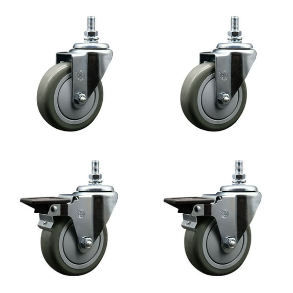 4 Inch Gray Polyurethane ½ Inch Threaded Stem Caster Set 2 Brakes SCC