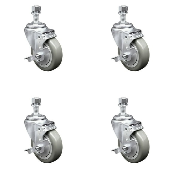 4 Inch Gray Polyurethane Swivel 12mm Threaded Stem Caster Set with Brake SCC
