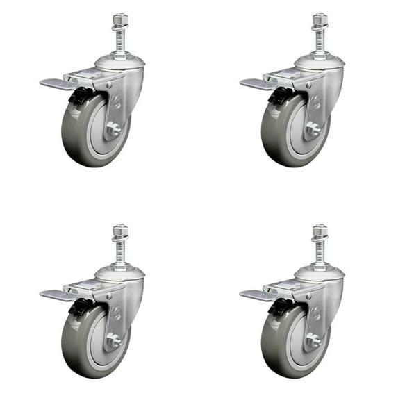 4 Inch Gray Polyurethane Swivel 3/8 Inch Stem Caster Set with Total Lock Brake