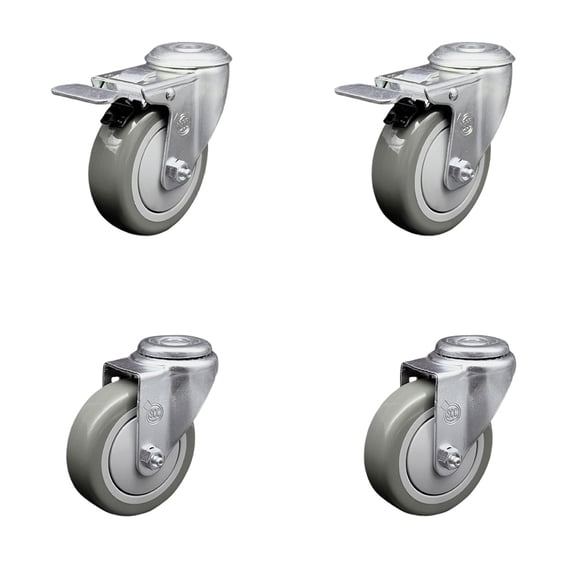 4 Inch Gray Polyurethane Swivel Bolt Hole Caster Set with 2 Total Lock Brake