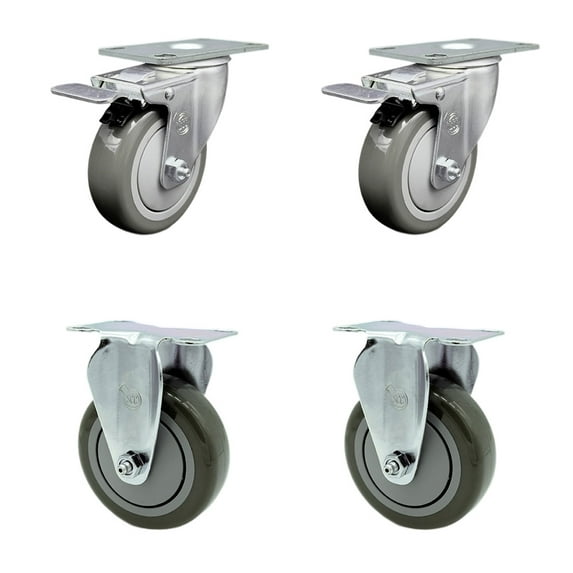 4 Inch Gray Polyurethane Swivel Top Plate Caster Set 2 Lock Brakes 2 Rigid SCC