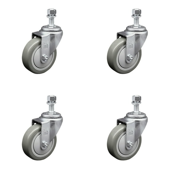 4 Inch Gray Polyurethane Wheel Swivel 12mm Threaded Stem Caster Set SCC