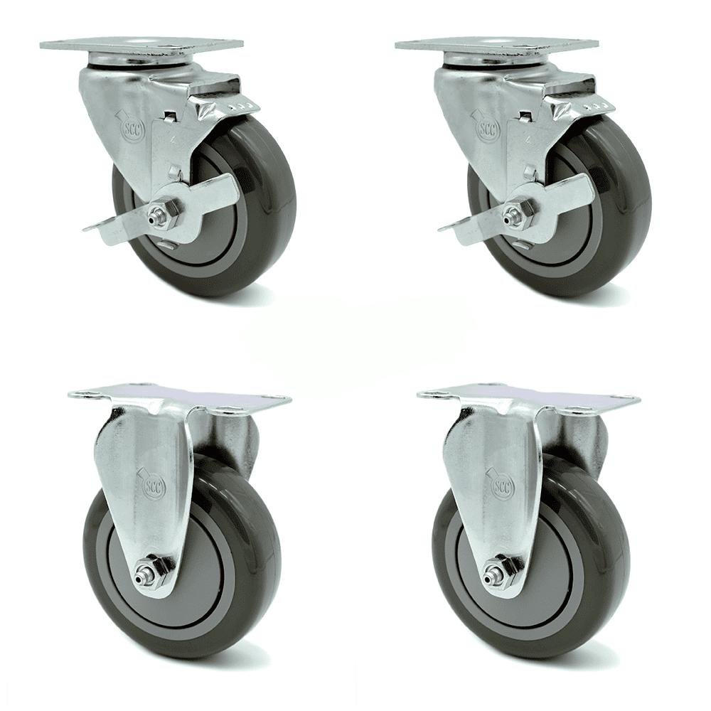 4 Inch Gray Polyurethane Wheel Swivel Top Plate Caster Set with 2 Brake 2 Rigid