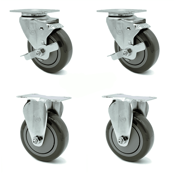 4 Inch Gray Polyurethane Wheel Swivel Top Plate Caster Set with 2 Brake 2 Rigid