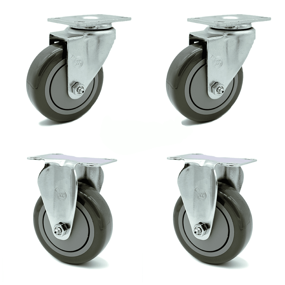 4 Inch Gray Polyurethane Wheel Swivel Top Plate Caster Set with 2 Rigid SCC
