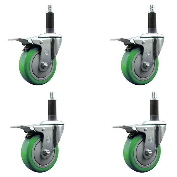 4 Inch Green Poly Swivel 1 Inch Expanding Stem Caster Set Total Lock Brake