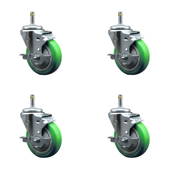 4 Inch Green Poly Swivel 7/16 Inch Grip Ring Stem Caster Set with Brake
