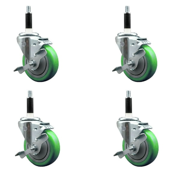 4 Inch Green Poly Swivel 7/8 Inch Expanding Stem Caster Set with Brake SCC
