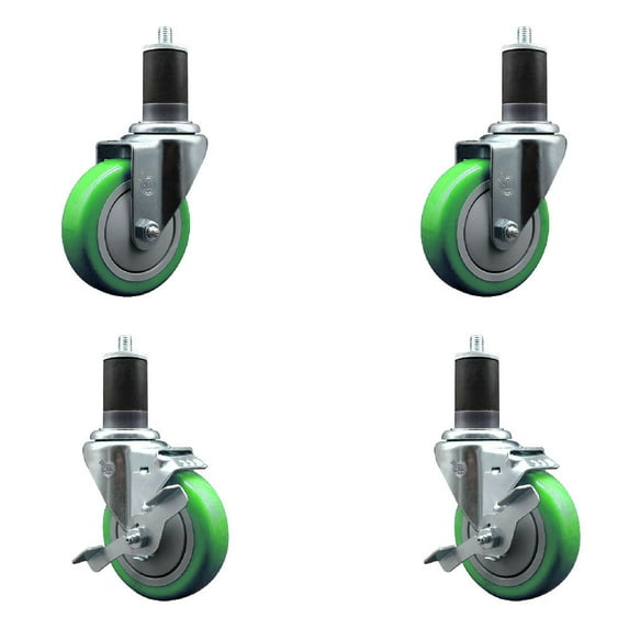 4 Inch Green Poly Wheel Swivel 1-5/8 Inch Expanding Stem Caster Set 2 Brakes SCC