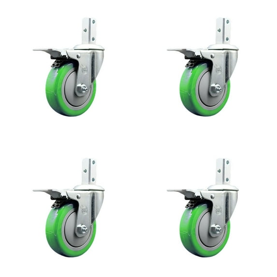 4 Inch Green Poly Wheel Swivel 3/4 Inch Square Stem Caster Set Total Lock Brake