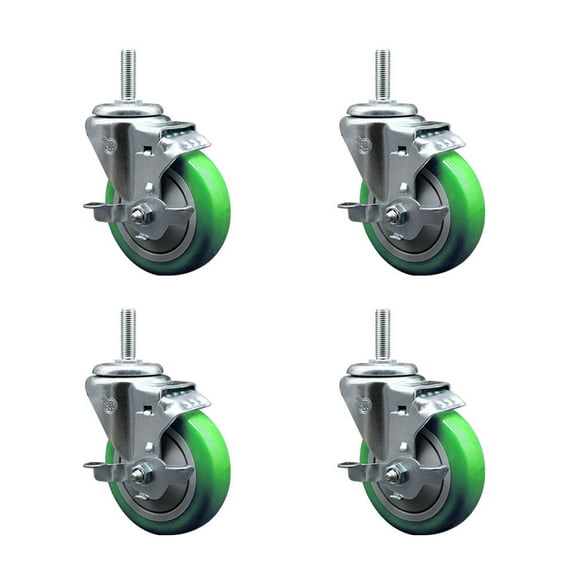 4 Inch Green Poly Wheel Swivel 3/4 Inch Threaded Stem Caster Set with Brake
