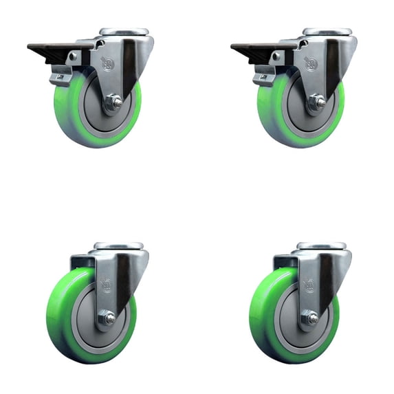 4 Inch Green Poly Wheel Swivel Bolt Hole Caster Set with 2 Posi Lock Brakes SCC