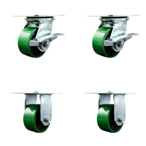 4 Inch Green Poly on Cast Iron Caster Set with Ball Bearing 2 Brakes and 2 Rigid