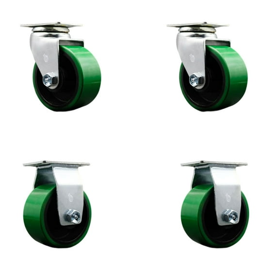 4 Inch Green Poly on Cast Iron Caster Set with Ball Bearings 2 Swivel 2 Rigid