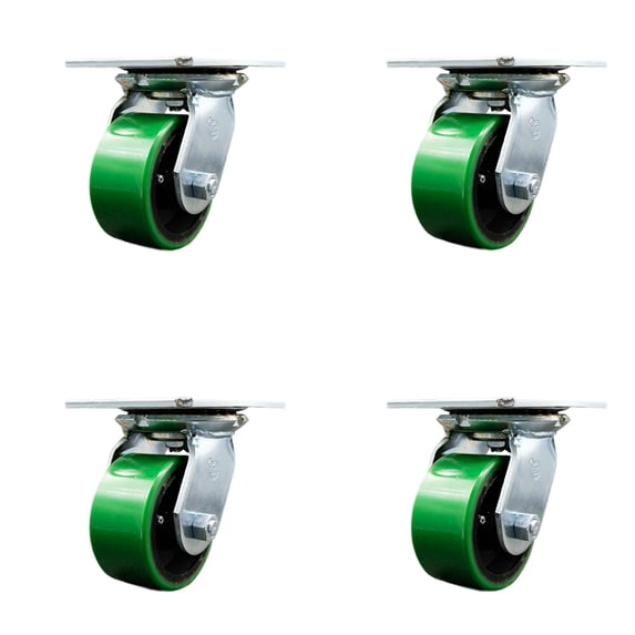 4 Inch Green Poly on Cast Iron Caster Set with Roller Bearings and Swivel Locks