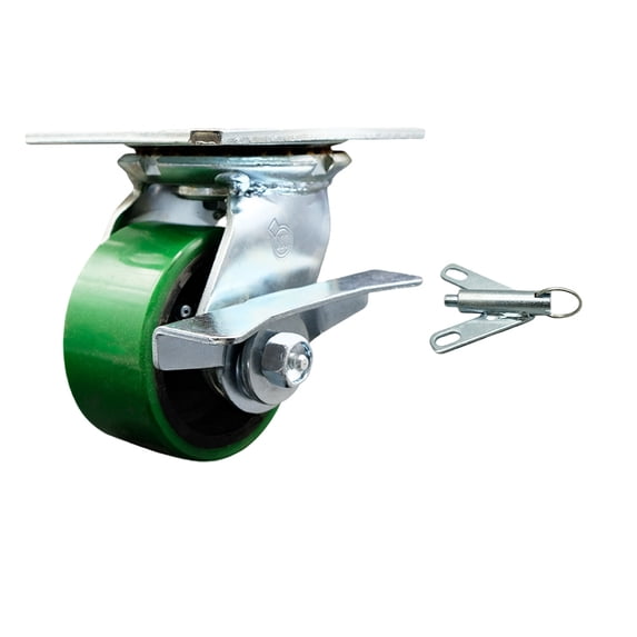 4 Inch Green Poly on Cast Iron Caster with Ball Bearing and Brake/Swivel Lock