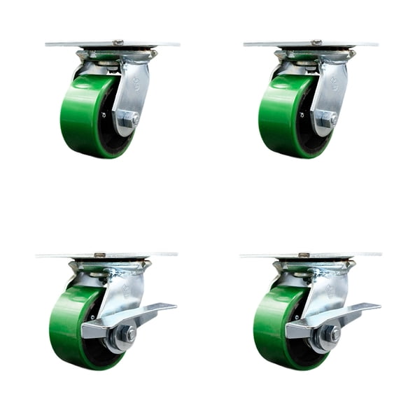 4 Inch Green Poly on Cast Iron Swivel Caster Set with Ball Bearings 2 Brakes SCC