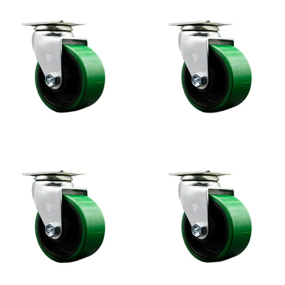 4 Inch Green Poly on Cast Iron Wheel Swivel Caster Set with Roller Bearings SCC