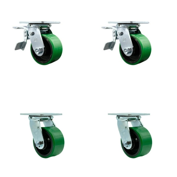 4 Inch Green Poly on Steel Caster Set with Roller Bearing 2 Total Lock Brake SCC