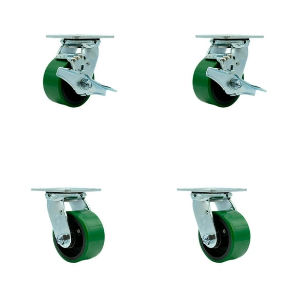 4 Inch Green Poly on Steel Caster Set with Roller Bearings 4 Swivel Lock 2 Brake