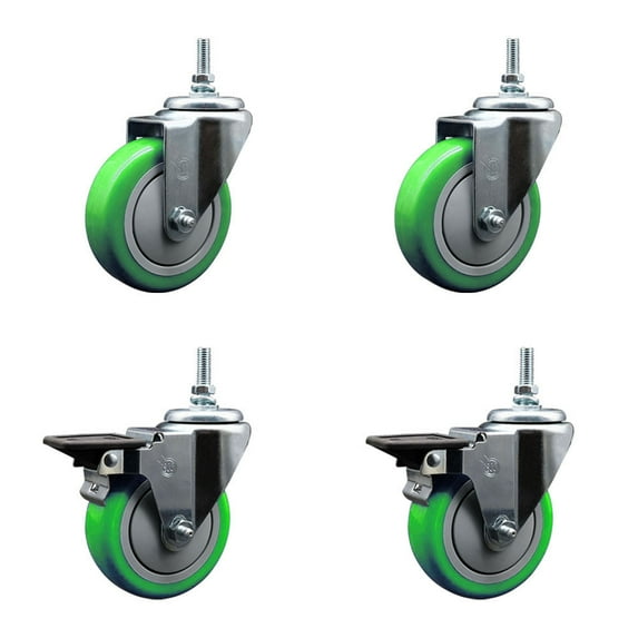 4 Inch Green Polyurethane 3/8 Inch Threaded Stem Caster Set 2 Brakes SCC