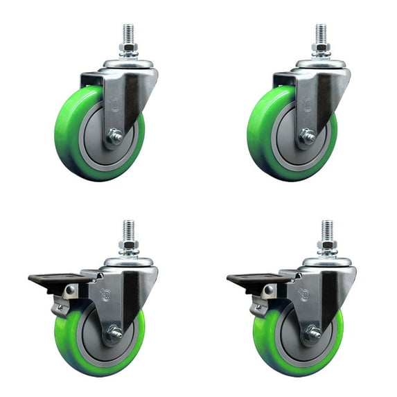 4 Inch Green Polyurethane ½ Inch Threaded Stem Caster Set 2 Brakes SCC