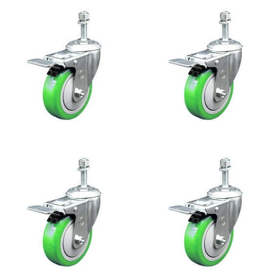 4 Inch Green Polyurethane Swivel 10mm Stem Caster Set with Total Lock Brake