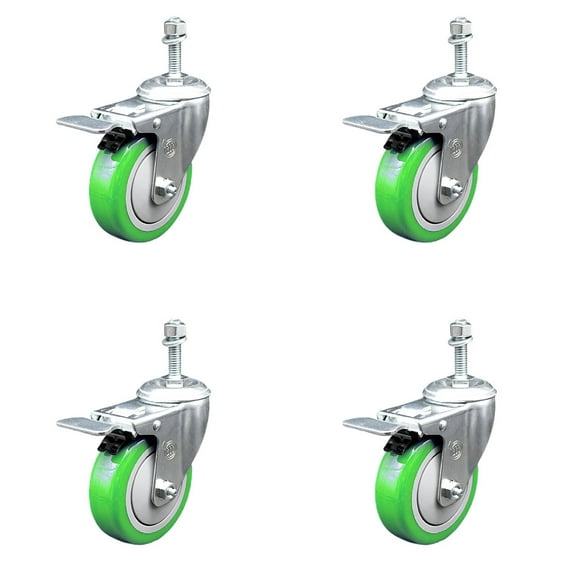 4 Inch Green Polyurethane Swivel 3/8 Inch Stem Caster Set with Total Lock Brake