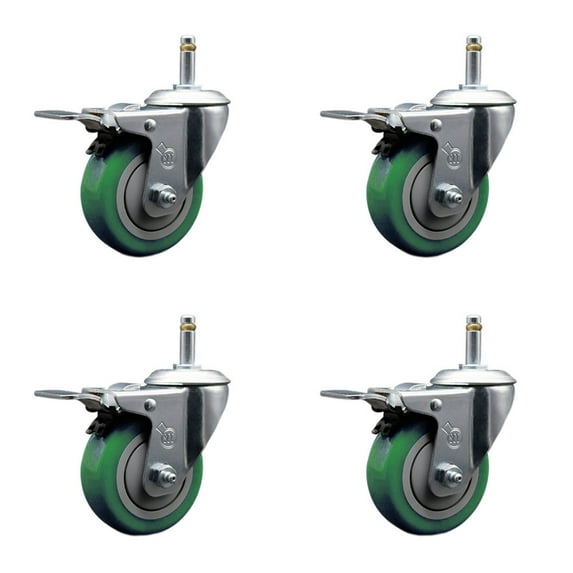 4 Inch Green Polyurethane Swivel 7/16 Inch Stem Caster Set with Total Lock Brake
