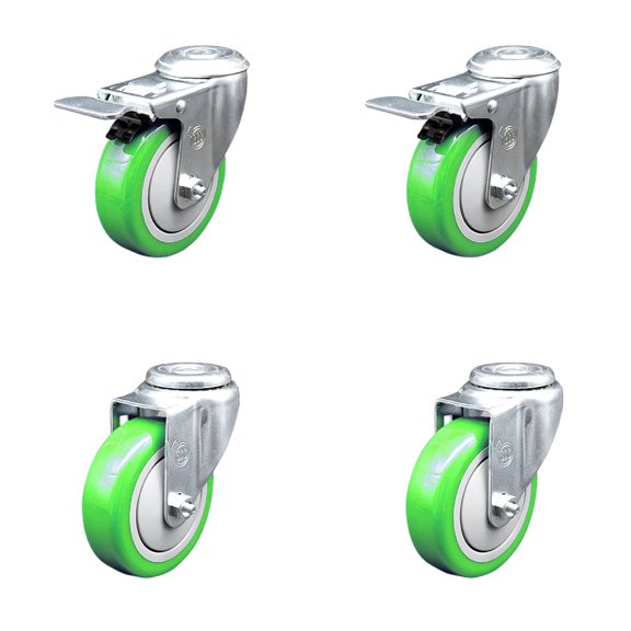 4 Inch Green Polyurethane Swivel Bolt Hole Caster Set with 2 Total Lock Brake