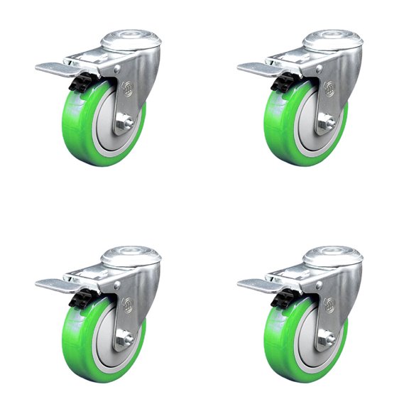4 Inch Green Polyurethane Swivel Bolt Hole Caster Set with Total Lock Brake SCC