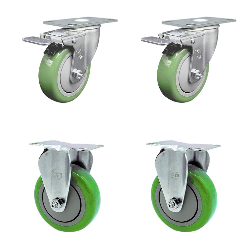4 Inch Green Polyurethane Swivel Top Plate Caster Set 2 Lock Brakes 2 ...