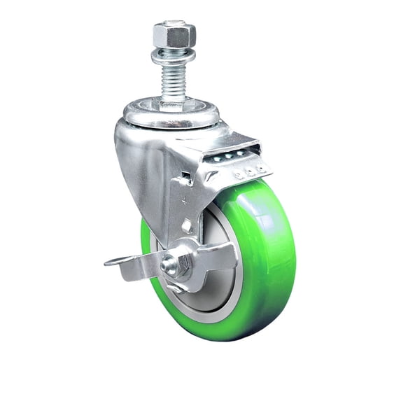 4 Inch Green Polyurethane Wheel Swivel 12mm Threaded Stem Caster with Brake