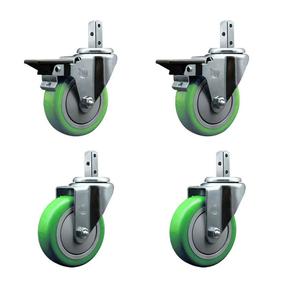 4 Inch Green Polyurethane Wheel Swivel 3/4 Inch Square Stem Caster Set 2 Brakes