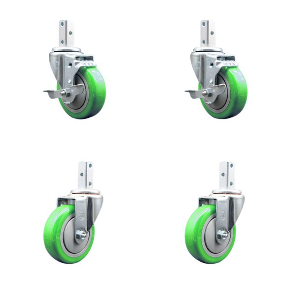 4 Inch Green Polyurethane Wheel Swivel 7/8 Inch Square Stem Caster Set 2 Brakes