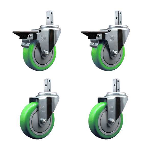 4 Inch Green Polyurethane Wheel Swivel 7/8 Inch Square Stem Caster Set 2 Brakes