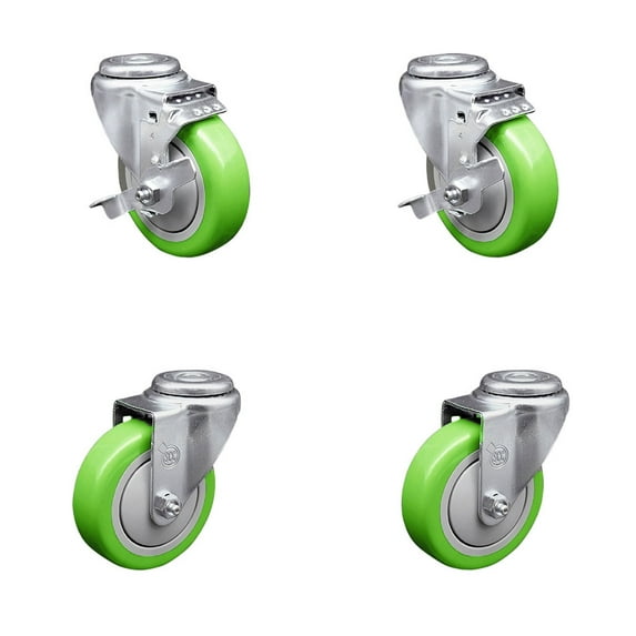 4 Inch Green Polyurethane Wheel Swivel Bolt Hole Caster Set with 2 Brake SCC
