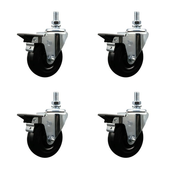 4 Inch Hard Rubber ½ Inch Threaded Stem Caster Set with Brake