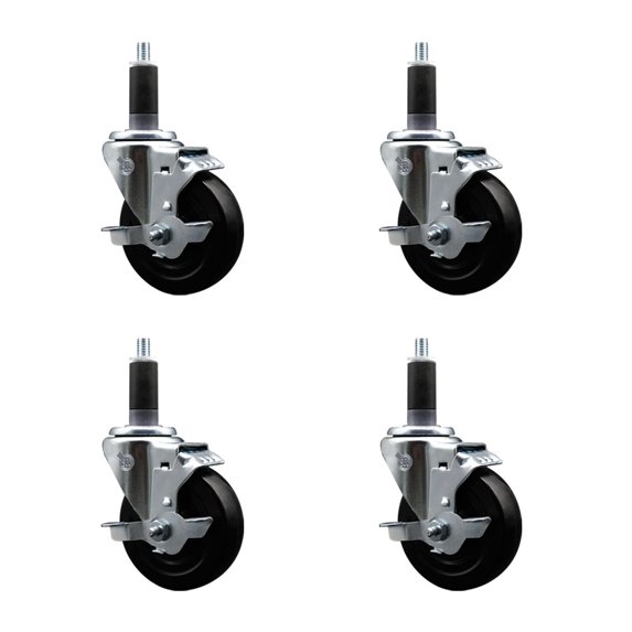 4 Inch Hard Rubber Swivel 1-1/8 Inch Expanding Stem Caster Set with Brake SCC
