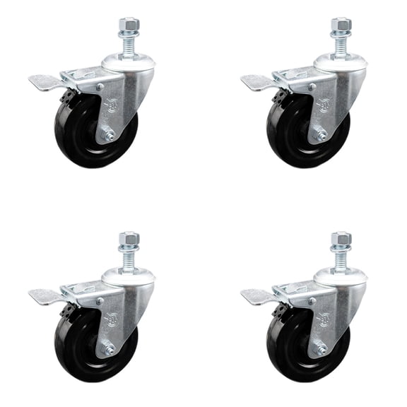 4 Inch Hard Rubber Swivel 3/8 Inch Threaded Stem Caster Set Total Lock Brake SCC