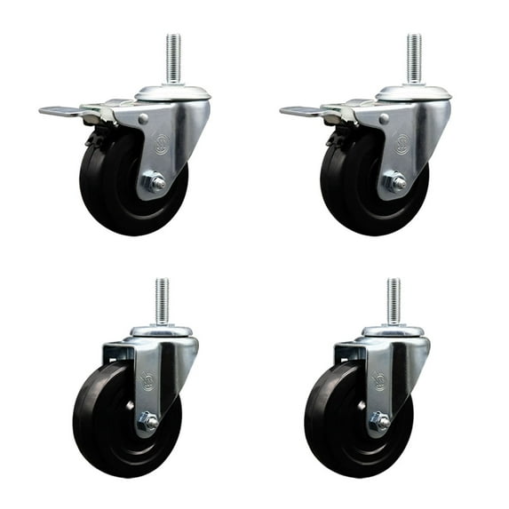4 Inch Hard Rubber Swivel 5/8 Inch Threaded Stem Caster Set 2 Total Lock Brakes