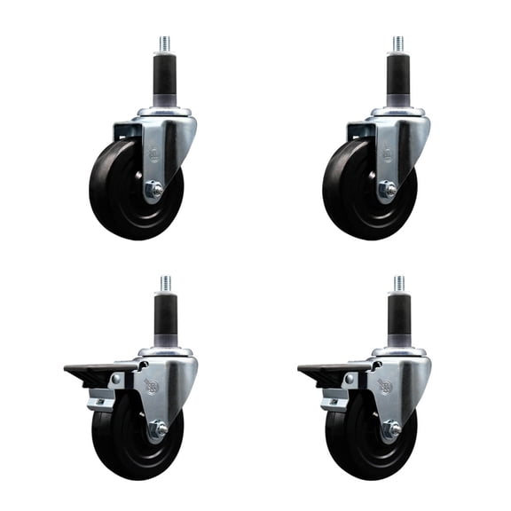 4 Inch Hard Rubber Wheel Swivel 1-1/8 Inch Expand Stem Caster Set 2 Brakes SCC