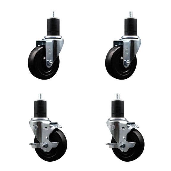 4 Inch Hard Rubber Wheel Swivel 1-3/4 Inch Expand Stem Caster Set 2 Brakes SCC
