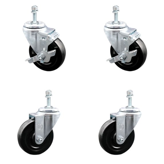 4 Inch Hard Rubber Wheel Swivel 10mm Threaded Stem Caster Set 2 Brakes SCC