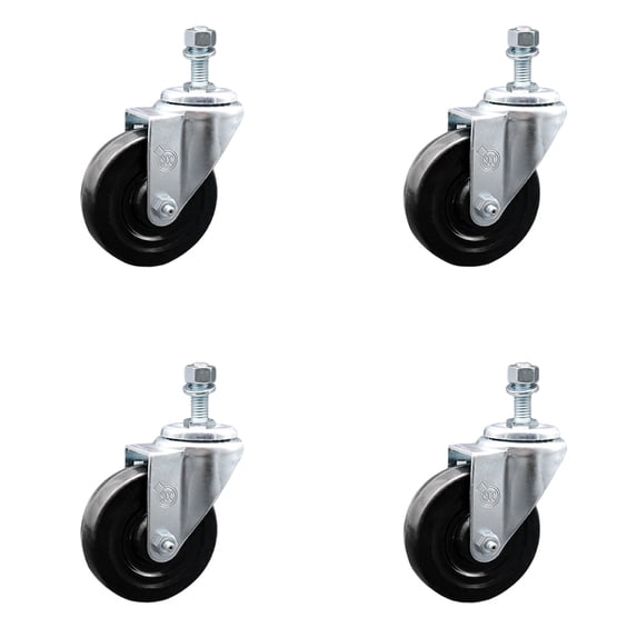 4 Inch Hard Rubber Wheel Swivel 10mm Threaded Stem Caster Set Service Caster